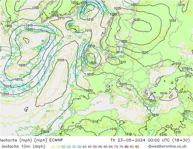 Isotachs (mph) ECMWF Th 23.05.2024 00 UTC