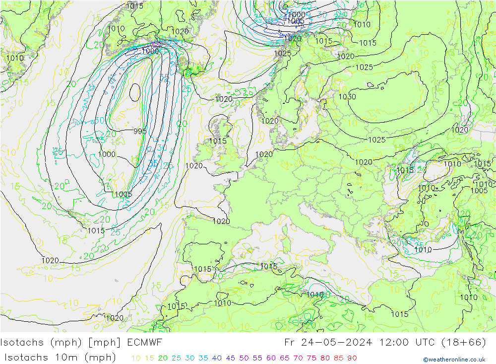 Isotachs (mph) ECMWF Fr 24.05.2024 12 UTC