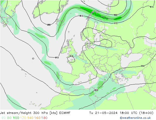 Jet stream/Height 300 hPa ECMWF Út 21.05.2024 18 UTC