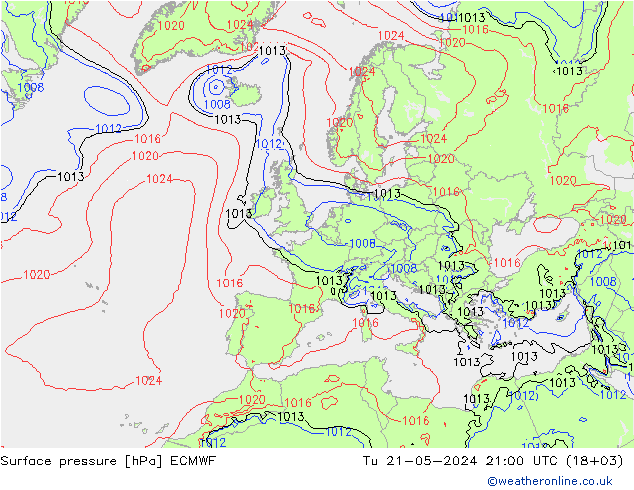 Surface pressure ECMWF Tu 21.05.2024 21 UTC