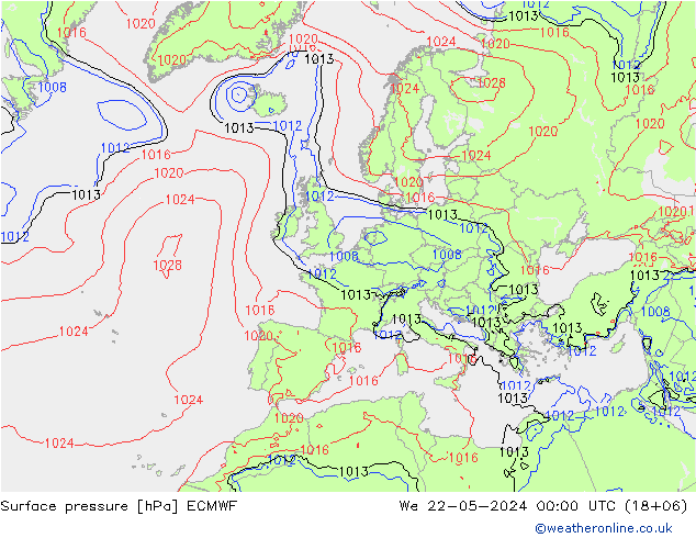 Surface pressure ECMWF We 22.05.2024 00 UTC