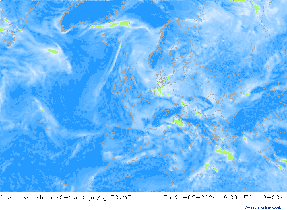 Deep layer shear (0-1km) ECMWF mar 21.05.2024 18 UTC
