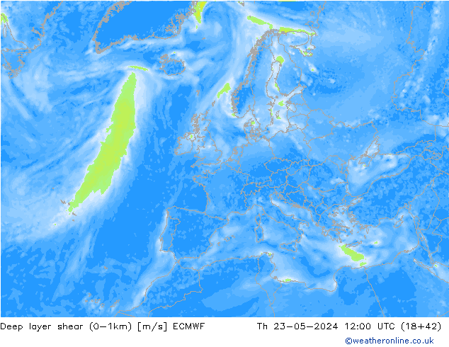 Deep layer shear (0-1km) ECMWF Per 23.05.2024 12 UTC