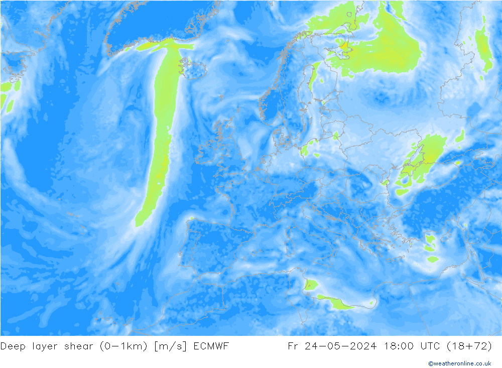 Deep layer shear (0-1km) ECMWF Fr 24.05.2024 18 UTC