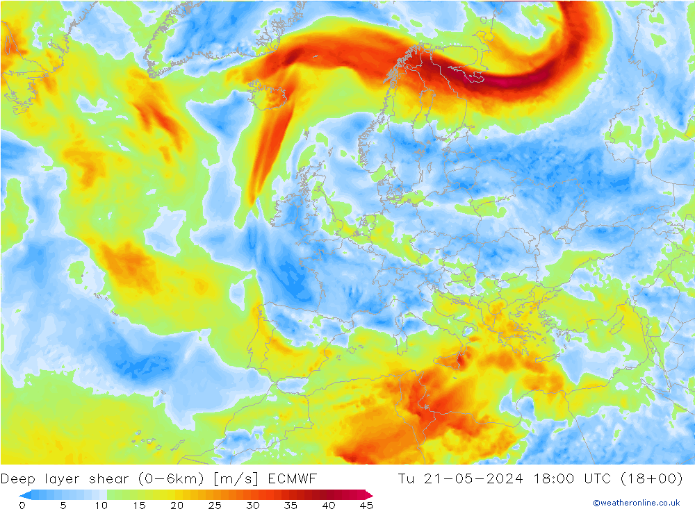 Deep layer shear (0-6km) ECMWF Tu 21.05.2024 18 UTC