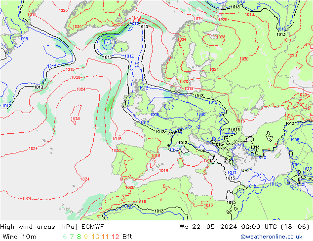 High wind areas ECMWF mer 22.05.2024 00 UTC
