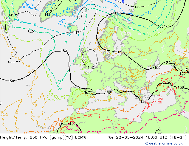 Z500/Rain (+SLP)/Z850 ECMWF Mi 22.05.2024 18 UTC