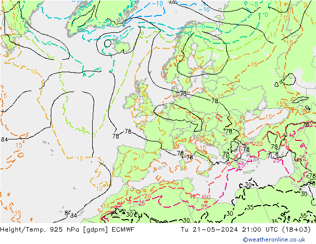 Height/Temp. 925 hPa ECMWF Di 21.05.2024 21 UTC