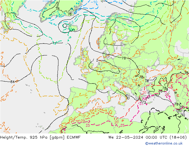 Height/Temp. 925 hPa ECMWF śro. 22.05.2024 00 UTC