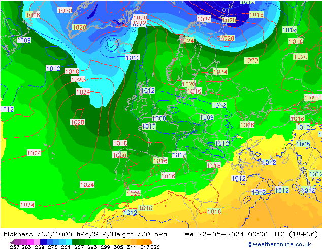 Thck 700-1000 hPa ECMWF We 22.05.2024 00 UTC