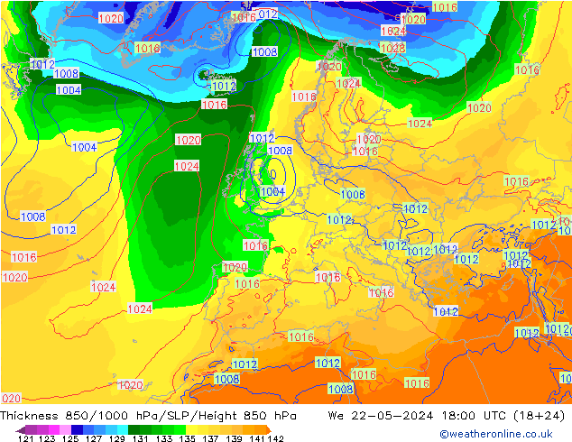 Thck 850-1000 hPa ECMWF Qua 22.05.2024 18 UTC