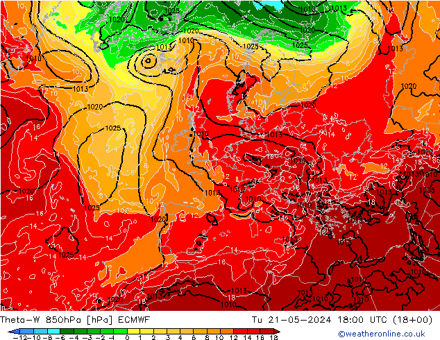 Theta-W 850hPa ECMWF wto. 21.05.2024 18 UTC