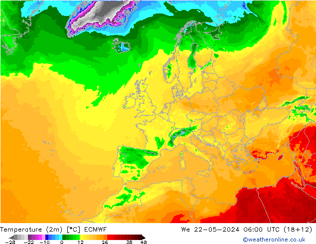 Temperatura (2m) ECMWF mer 22.05.2024 06 UTC