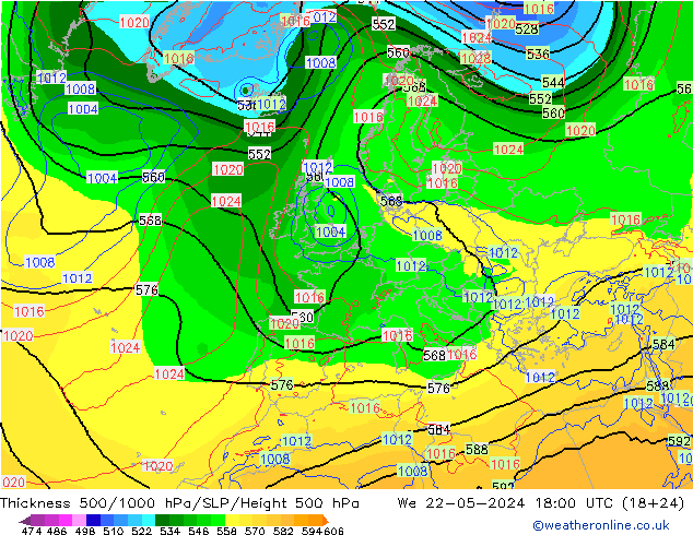 Espesor 500-1000 hPa ECMWF mié 22.05.2024 18 UTC