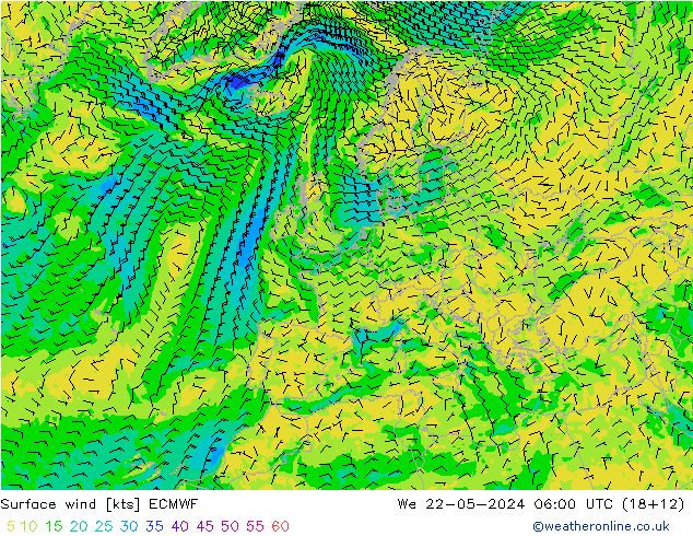 Vento 10 m ECMWF mer 22.05.2024 06 UTC