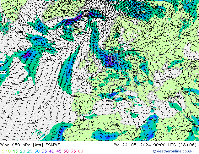Wind 950 hPa ECMWF Mi 22.05.2024 00 UTC