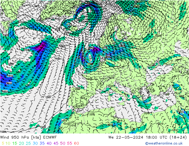 Vento 950 hPa ECMWF Qua 22.05.2024 18 UTC