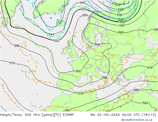 Z500/Rain (+SLP)/Z850 ECMWF Mi 22.05.2024 06 UTC