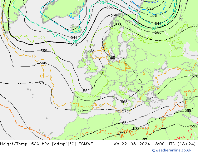 Z500/Rain (+SLP)/Z850 ECMWF Qua 22.05.2024 18 UTC