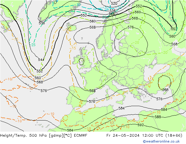 Height/Temp. 500 hPa ECMWF Fr 24.05.2024 12 UTC