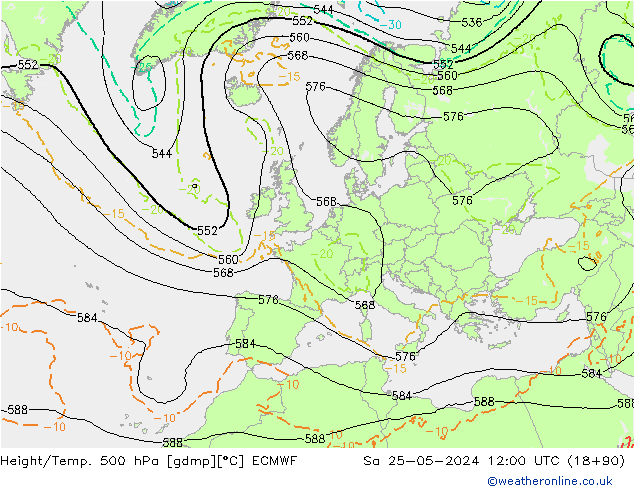 Height/Temp. 500 hPa ECMWF Sa 25.05.2024 12 UTC