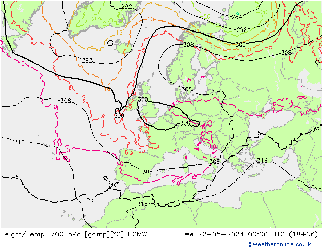 Hoogte/Temp. 700 hPa ECMWF wo 22.05.2024 00 UTC