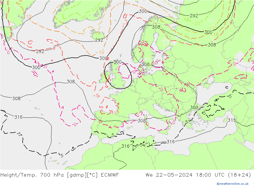 Height/Temp. 700 hPa ECMWF Mi 22.05.2024 18 UTC