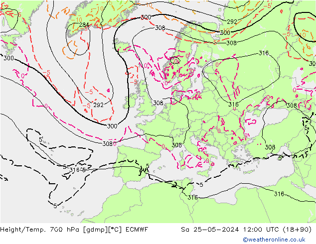 Hoogte/Temp. 700 hPa ECMWF za 25.05.2024 12 UTC
