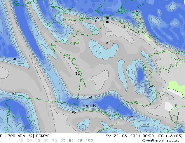 RH 300 hPa ECMWF Mi 22.05.2024 00 UTC