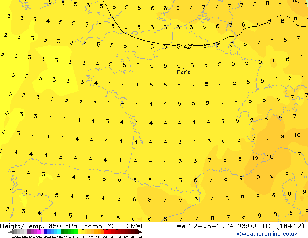 Z500/Rain (+SLP)/Z850 ECMWF We 22.05.2024 06 UTC