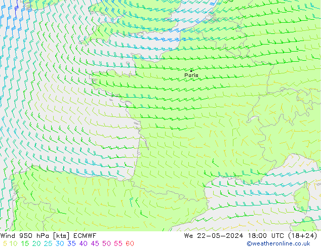 Wind 950 hPa ECMWF Mi 22.05.2024 18 UTC