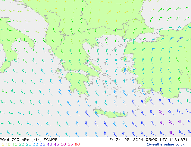 Wind 700 hPa ECMWF Pá 24.05.2024 03 UTC