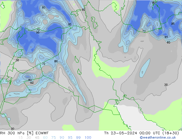 Humedad rel. 300hPa ECMWF jue 23.05.2024 00 UTC