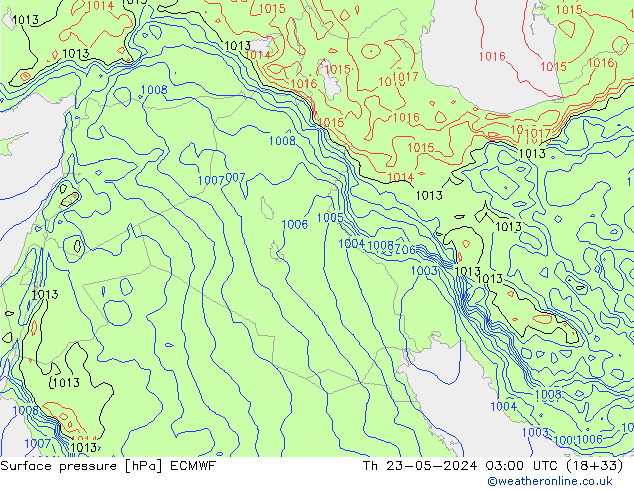 Pressione al suolo ECMWF gio 23.05.2024 03 UTC