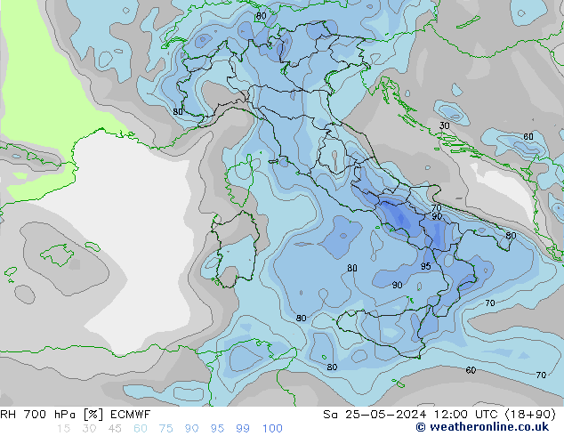 Humidité rel. 700 hPa ECMWF sam 25.05.2024 12 UTC