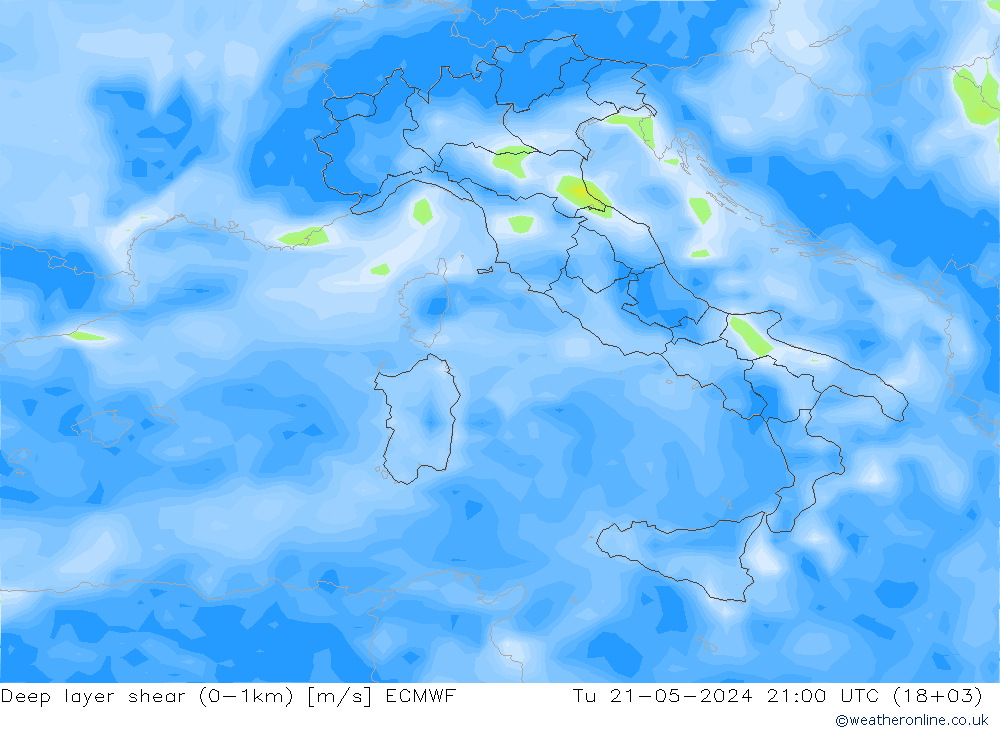 Deep layer shear (0-1km) ECMWF Út 21.05.2024 21 UTC