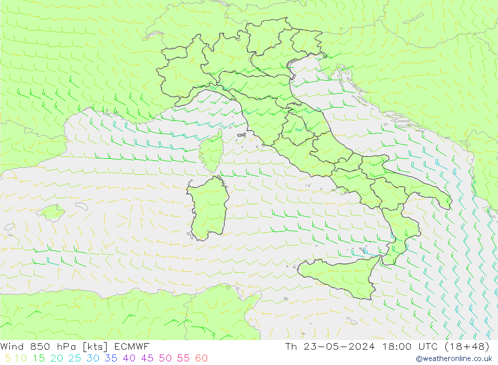 wiatr 850 hPa ECMWF czw. 23.05.2024 18 UTC