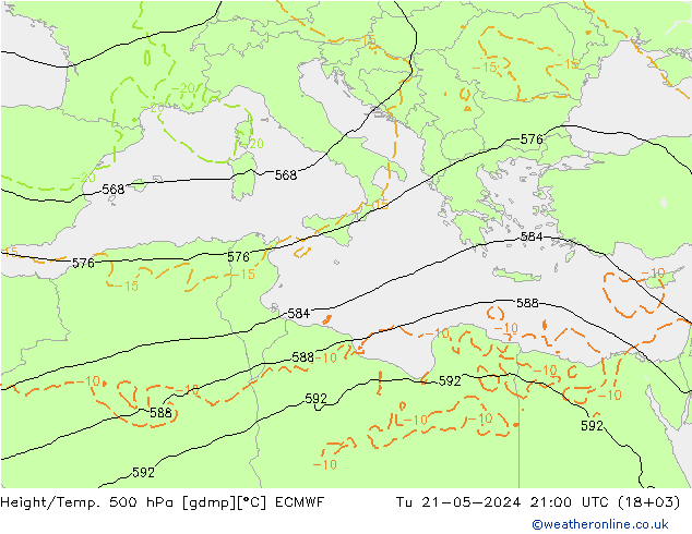 Height/Temp. 500 hPa ECMWF Tu 21.05.2024 21 UTC