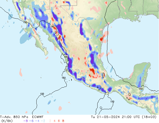 T-Adv. 850 hPa ECMWF mar 21.05.2024 21 UTC