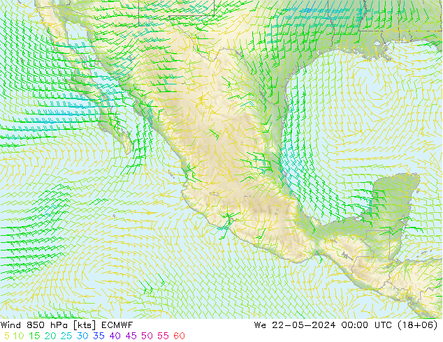 Viento 850 hPa ECMWF mié 22.05.2024 00 UTC