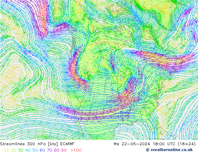 Streamlines 300 hPa ECMWF St 22.05.2024 18 UTC