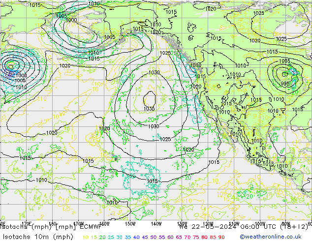 Isotaca (mph) ECMWF mié 22.05.2024 06 UTC