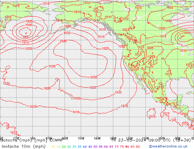 Isotachs (mph) ECMWF gio 23.05.2024 09 UTC