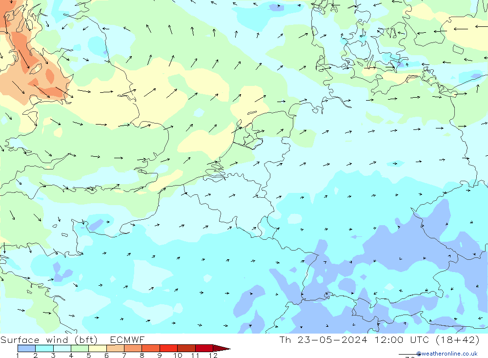 Wind 10 m (bft) ECMWF do 23.05.2024 12 UTC