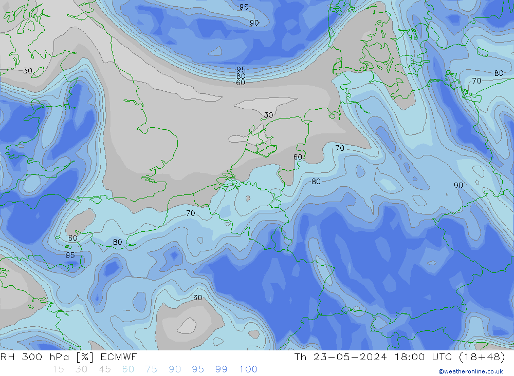 RH 300 hPa ECMWF czw. 23.05.2024 18 UTC