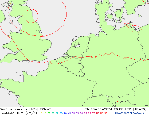 Izotacha (km/godz) ECMWF czw. 23.05.2024 09 UTC