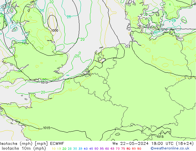 Isotachs (mph) ECMWF 星期三 22.05.2024 18 UTC