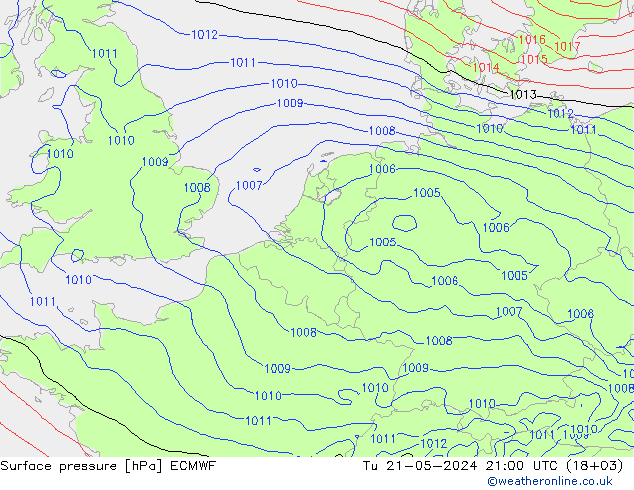 Surface pressure ECMWF Tu 21.05.2024 21 UTC