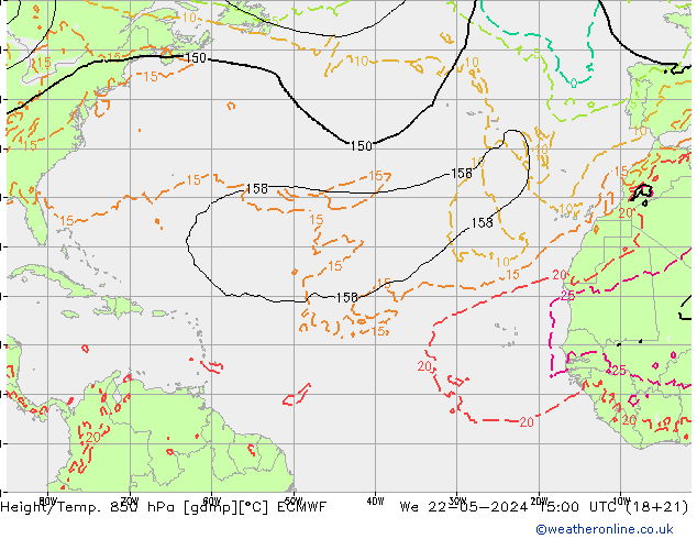 Height/Temp. 850 hPa ECMWF St 22.05.2024 15 UTC