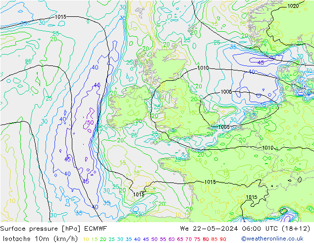 Isotachen (km/h) ECMWF wo 22.05.2024 06 UTC